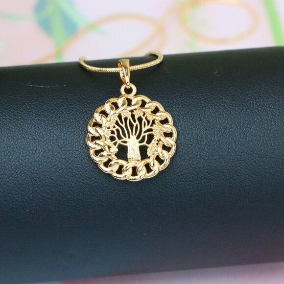 "Tree of Life Round Rose Gold Pendant with Chain Pattern Frame, XPPT1294 - Picture 4 of 12